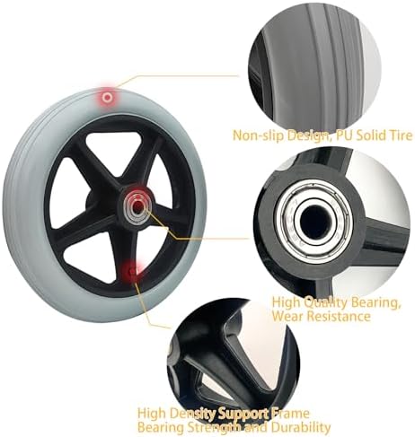 2 Pack Wheelchair Wheel - Environmentally Friendly PU Material,6 Inch Solid Tire,Wear-Resistant,Anti-Slip,Universal Wheelchairs, Walker and Various Cart Replacement Wheel Accessories，Grey