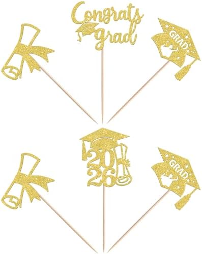 Rsstarxi 36 Pack Class of 2026 Graduation Cupcake Toppers Glitter 2026 Grad Cap Diploma Congrats Grad Cupcake Picks for 2026 Graduation Theme Party Cake Decorations Gold