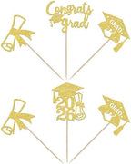 Rsstarxi 36 Pack Class of 2026 Graduation Cupcake Toppers Glitter 2026 Grad Cap Diploma Congrats Grad Cupcake Picks for 2026 Graduation Theme Party Cake Decorations Gold
