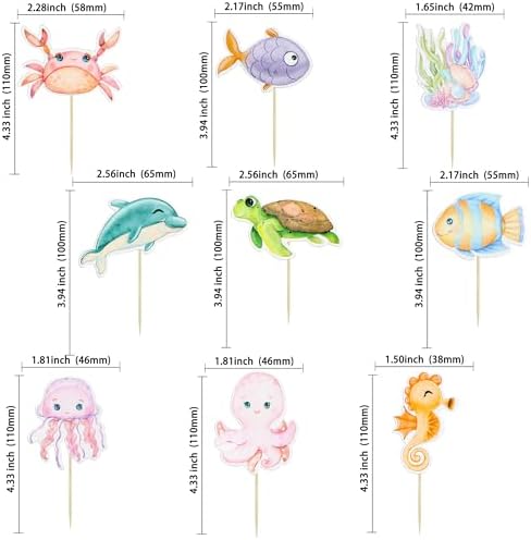 Ephlyn 36Pcs Ocean Animal Cupcake Toppers Under the Sea Turtles Octopus Cupcake Picks Seahorse Coral Cake Decorations for Under the Sea Theme Baby Shower Birthday Party Supplies