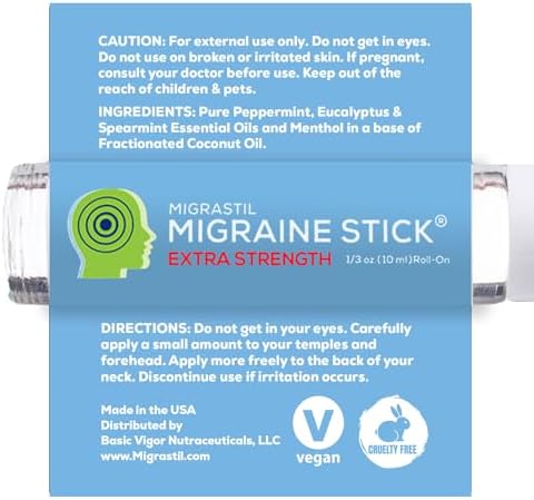 Basic Vigor Migrastil Extra Strength Migraine Stick Advanced Formula, Strong Aromatherapy Roll On Includes Menthol, Essential Oils, No Lavender, Made in The USA.