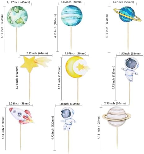Ephlyn 36Pcs Space Astronaut Cupcake Toppers Planet Rocket Spaceship Trip to the Moon Star Cupcake Food Picks Universe Outer Space Theme Baby Shower Kids Birthday Party Supplies Blue