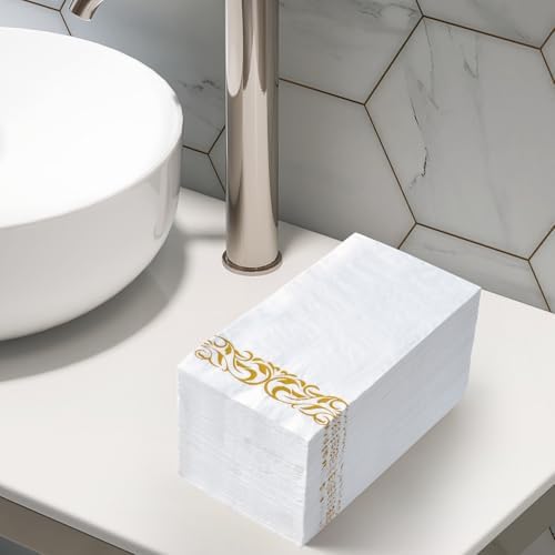 Vplus 400 Pack Paper Napkins Guest Towels Disposable Premium Quality 3-ply Dinner Napkins Disposable Soft, Absorbent, Perfect for Kitchen, Wedding, Parties, Dinners or Events (Gold)
