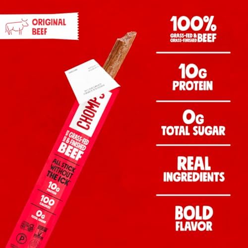 Chomps Grass-Fed and Finished Original Beef Jerky Snack Sticks 10-Pack - Keto, Paleo, Whole30, 10g Lean Meat Protein, Gluten-Free, Zero Sugar Food, Non-GMO