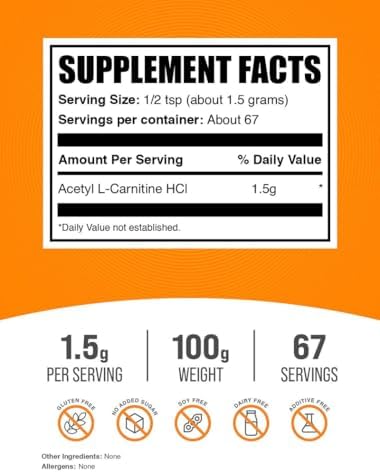 BulkSupplements.com Acetyl L-Carnitine Powder - as ALCAR HCl, Carnitine Supplement - Gluten Free, 1.5g per Serving, 100g (3.5 oz) (Pack of 1)