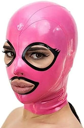 Pink Latex Hood Open Eyes and Mouth Back Zipper Rubber Mask Club Wear,As Picture,X-Large