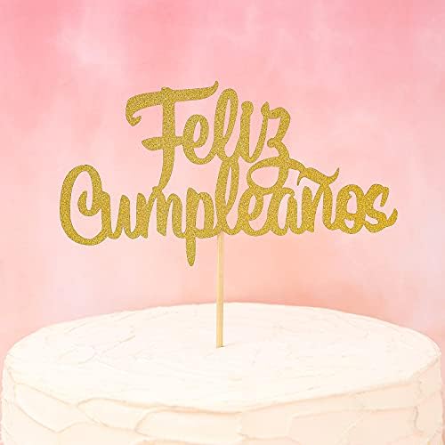 Feliz Cumpleaños Cake Topper - Gold Glitter Happy Birthday Cake Topper, Fiesta Theme Party Decoration Supplies, Golden Glitter Decorations (gold01)