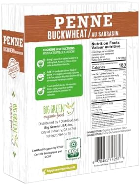 Big Green Organic Food- Organic Buckwheat Penne, 8.8oz, 100% buckwheat, Gluten-Free, Non-GMO, Vegan (1)