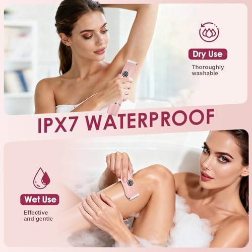 4-in-1 Bikini Trimmer for Women, Dual Head Electric Razors Shaver | Painless Bikini, Body & Facial Hair Remover | IPX7 Waterproof for Wet/Dry Use | Includes Nose & Eyebrow Trimmer Heads(Pink)