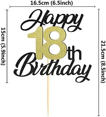 Sumerk Happy 18th Birthday Cake Toppers Black & Gold Glitter 18th Birthday Cake Decorations 18 Cake Topper for Birthday Party