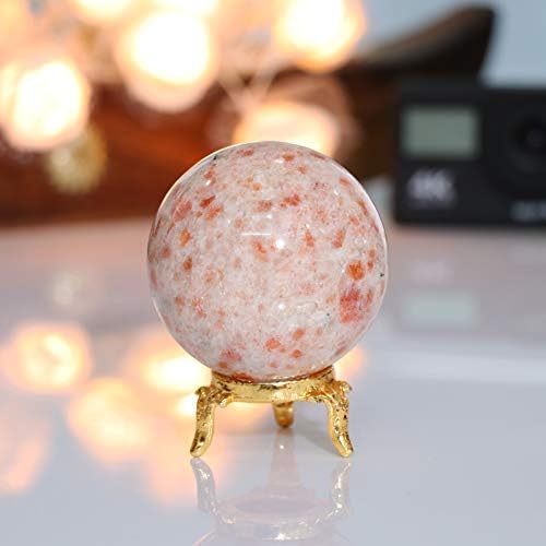 Crocon 55mm Sunstone Stone Sphere Ball with Metal Stand 1400+ Carats Gemstone Ball Healing Sphere Sculpture Figurine for Fengshui Divination Home Decoration Photography Crystal Sphere
