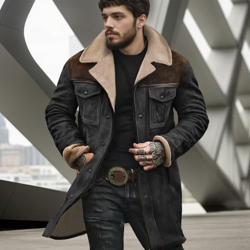 Western Jackets for Men,men's vintage suede long casual coat,Plush Collar Coats Faux Leather Zip Up Casual