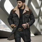 Western Jackets for Men,men's vintage suede long casual coat,Plush Collar Coats Faux Leather Zip Up Casual