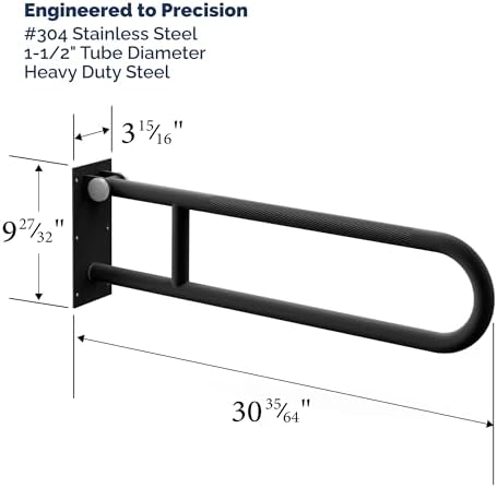 Swing Up Wall Mounted Grab Bar - 500 lbs Capacity Flip-Up Handicap Toilet Safety Rails for Seniors, Stainless Steel, Textured Grip, ADA Compliant Bathroom Grab Bar - 30" Length, Matte Black, Knurled