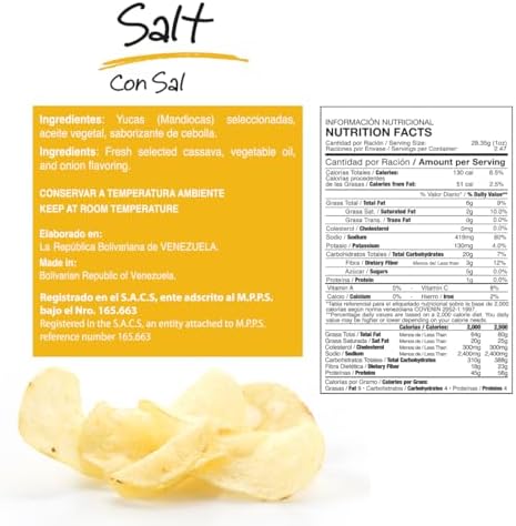 Cassava Chips with Sea Salted, Crunchy Yuca Snack - 5 Pack Gluten Free Chips, Non-GMO, Vegan - Made from Fresh Selected Cassava, Traditional Latin American Flavour, Servings Pack of 2.5oz