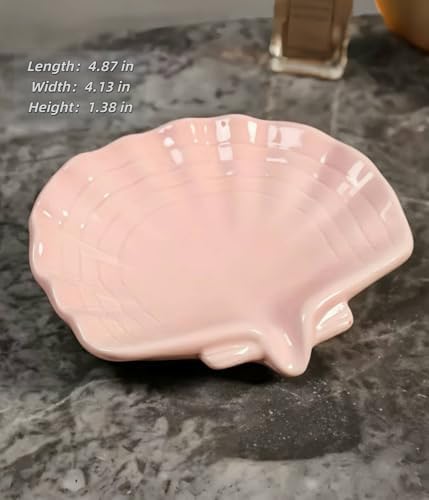 Ceramic Shell soap Box self draining European Design Sink Bathroom Shower soap Tray Anti-Slip soap Holder Multi-Functional Jewelry Stand Small and Cute, Pink