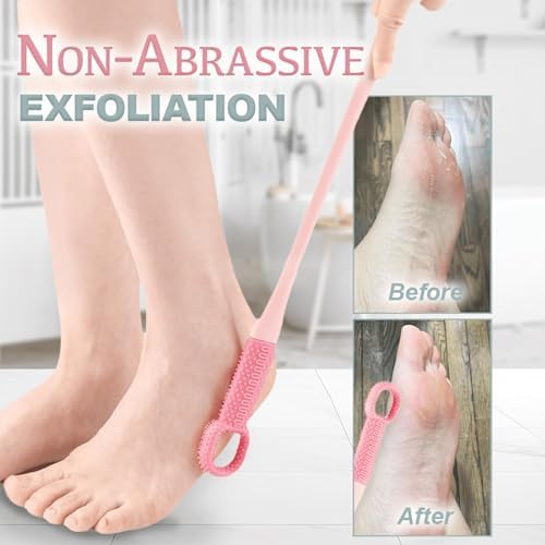 2PCS Easy Reach Deep Cleaning Foot Brush, Foot Scrubber in Shower, Toe Cleaning Brush with 15.7" Long Handle, Long Handle Silicone Gap Brush Between Toes Cleaner for Men, Women & Seniors (Pink,Blue)