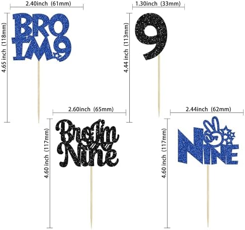 Ephlyn 24Pcs Bro I'm 9 Cupcake Toppers Glitter Boy 9th Birthday Cupcake Pick Decorations for Cheers to Nine Years Old Big Brother 9th Birthday Party Supplies