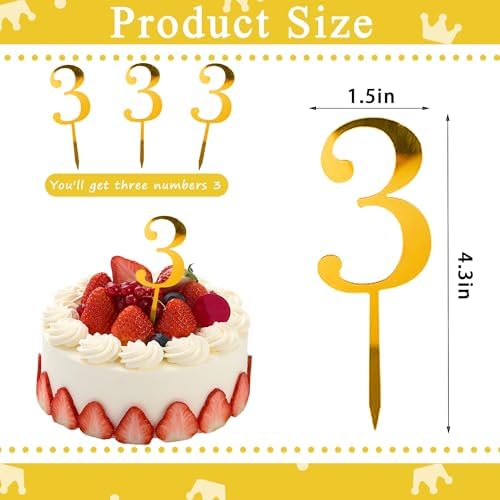 Gold Acrylic Number Cake Topper - 3 Piece Number “3” Cake Topper for Birthday Party, Wedding and Anniversary Cake Decorations