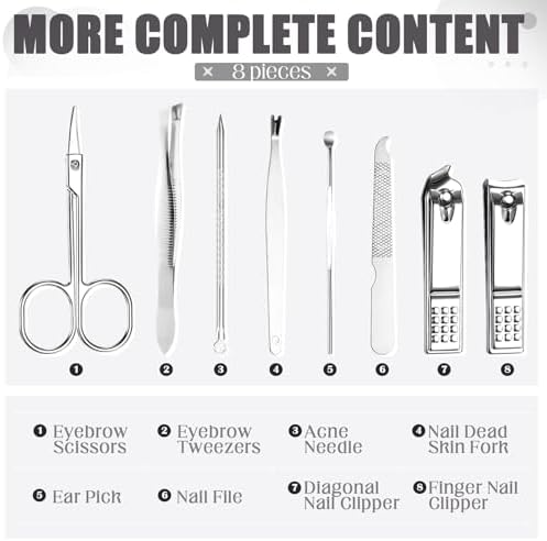 Geosar 12 Set 8 in 1 Manicure Set Stainless Steel Nail Clippers Kit Pedicure Care Tools with Leather Case Travel Grooming Kit Gift for Women Men Gift(Glitter Silver)