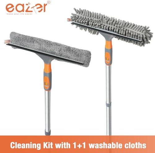 Eazer Window Squeegee Cleaner Tool, 2-in-1 Window Cleaning Kit with 62'' Extension Pole, Window Washer Equipment for Cars, Indoor & Outdoor Glass - Includes 2 Microfiber Cloths
