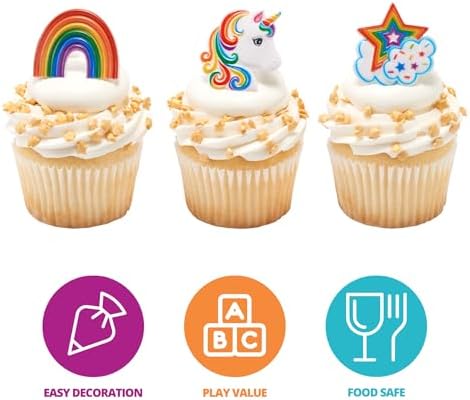 DecoPac Rainbow Unicorn Rings, Cupcake Decorations, Magical Food Safe Cake Toppers, Multi-Coloured – 24 Pack