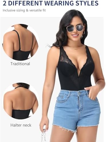 SHAPERIN Sexy Lace Bodysuits for Women Tummy Control Shapewear Built in Bras Corset Body Suit Going Out Outfits
