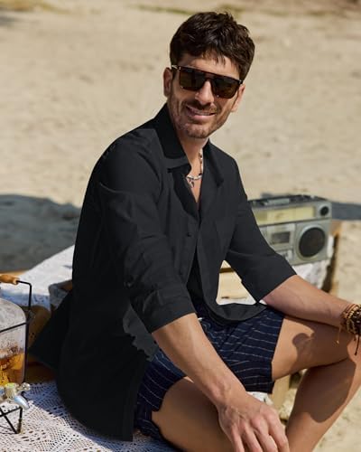Alimens & Gentle Linen Shirts for Men Long Sleeve Casual Cotton Button Down Shirts Summer Beach Wedding Tops with Pocket