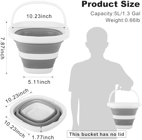 Collapsible Bucket 5L, Foldable Mop Bucket Car Wash Buckets with Handle for Cleaning Supplies, Portable Sink Wash Basin Storage Bin Ice Tub for Fishing Beach Outdoor Camping Kitchen RV Accessories