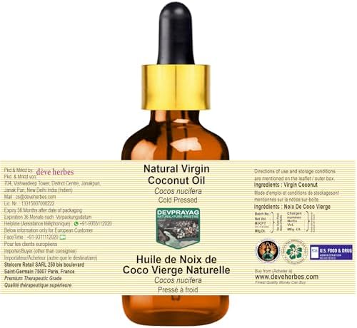 DEVPRAYAG Natural Virgin Coconut Oil (Cocos nucifera) with Glass Dropper Cold Pressed 15ml (0.50 oz)