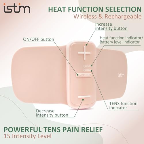 iStim S1 Wireless TENS Unit for Menstrual Relief – Period Pain Relief Device for Period Cramps and Back Pain, TENS Machine with Heat, Rechargeable Drug-Free TENS Massager with Japanese Gel Pads