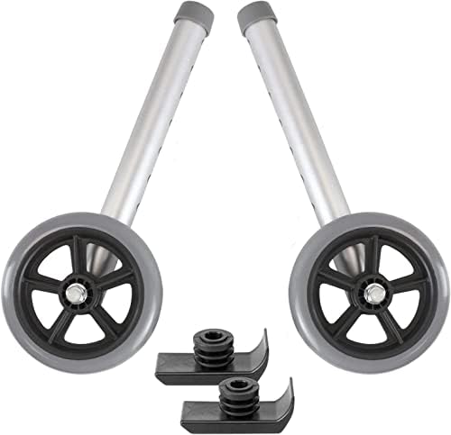 Walker Wheels and Ski Glides - Replacement Feet - Accessories Parts Set for Folding Medical Walkers - Universal Front, Back Stability Safety Wheel - Includes 2 Glide Tips, Two 5 Inch Rubber Wheel