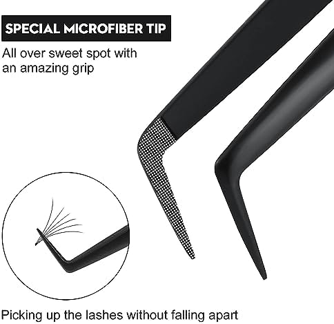 Ms.Queen Lash Tweezers for Eyelash Extensions, Diamond Grip 90 Degree Fiber Tip Volume Lash Extension Tweezers,Black