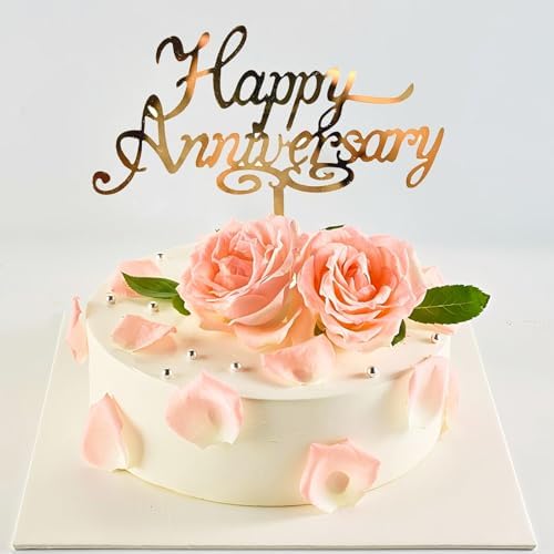 6pcs Happy Anniversary Cake Topper Gold Acrylic Cake Topper, Happy Anniversary Cake Sign, Wedding Cake Decorations Party Supplies