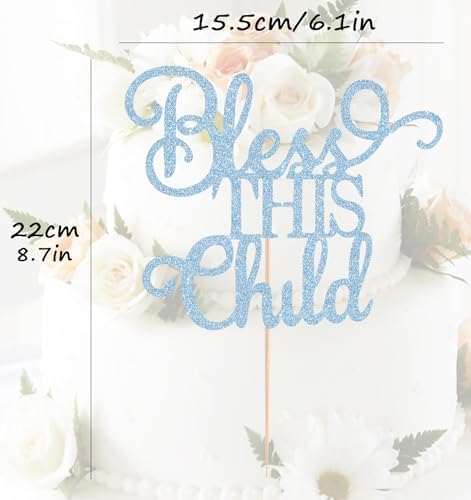 Bless This Child Cake Topper - Light Blue Glitter Chlid Christening Cake Decoration Supply - Smash Cake Topper for First Holy Communion Party/Baby Shower - Baptisim Cake Decor