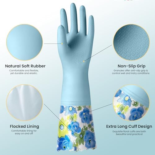 KAQ 3 Pairs Dishwashing Cleaning Gloves, Reusable Long Rubber Gloves with Cotton Lining, Latex Free Dish Washing Gloves, Water Resistant Household Glove for Kitchen Bathroom(Medium)