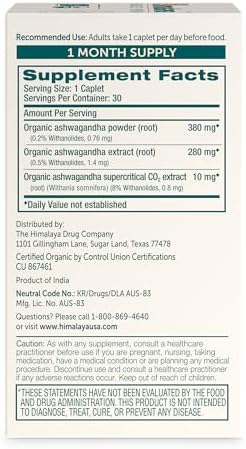 Himalaya Organic Ashwagandha Root, 30 Day Supply - Herbal Adrenal Support Supplements for Stress Relief and Energy Support - USDA Organic, Non-GMO, Vegan, Gluten Free, No Additives, 670 mg, 30 Caplets