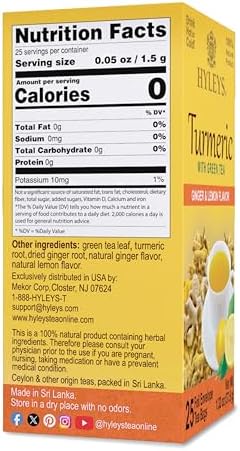 Hyleys Ginger Turmeric Tea Lemon Flavor - 25 Tea Bags - Wellness Herbal Supplement Green Tea