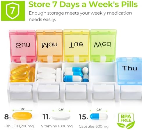AUVON Weekly Pill Organizer Arthritis Friendly, BPA Free Travel 7 Day Pill Box Case with Spring Open Design and Large Compartment to Hold Vitamins, Cod Liver Oil, Supplements and Medication