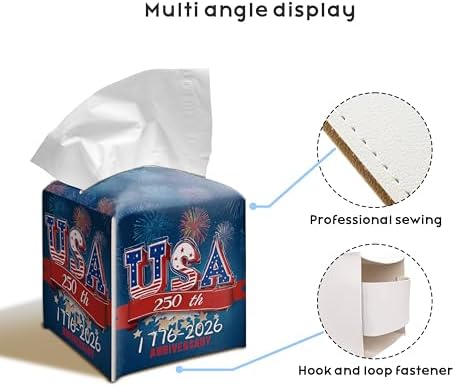 USA 250th Anniversary Patriotic Square Tissue Box Cover, 5.2" PU Leather Tissue Box Holder with Fireworks American Flag Design, Hand-Stitched Decorative Cube Tissue Box Cover for Home Car Office