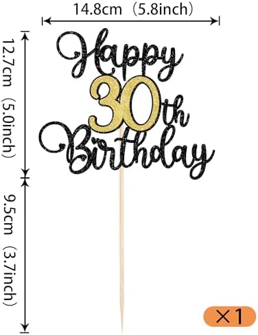 1 Pack Happy 30th Birthday Cake Topper Glitter Heart Birthday Cake Pick Cheers to 30 Years for 30th Anniversary Wedding Party Cupcake Decorations Supplies Black Gold