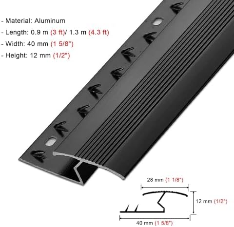 Aluminum Z Bar Carpet Transition Strip with Screws, Anti-Slip Seam Strips for Carpet Thickness Within 12 Mm, 90/130 Cm Long Floor Edge Decorative(Black,L1.3m/4.3ft)
