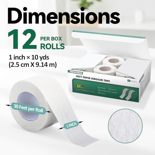 FRESINIDER Soft Paper Surgical Tape 12 Rolls, 1” x 10 Yards, Hypoallergenic Latex-Free Medical Tape for Sensitive Skin, Breathable Easy-Tear Surgical Tape for Wound Care, Bandage Fixation & First Aid