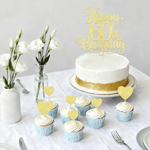 7PCS 60th Birthday Cake Topper Set - Gold Glitter Happy 60th Heart Cupcake Picks for 50th Birthday Party Decor for Men Women