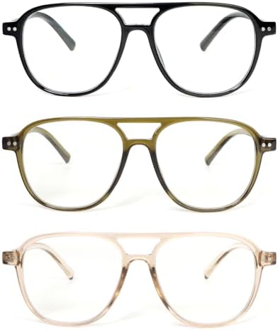 MMOWW 3 Pack Oversized Aviator Reading Glasses for Women Men Stylish Double Bridge Pilot Style Blue Light Blocking Readers