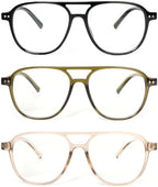 MMOWW 3 Pack Oversized Aviator Reading Glasses for Women Men Stylish Double Bridge Pilot Style Blue Light Blocking Readers