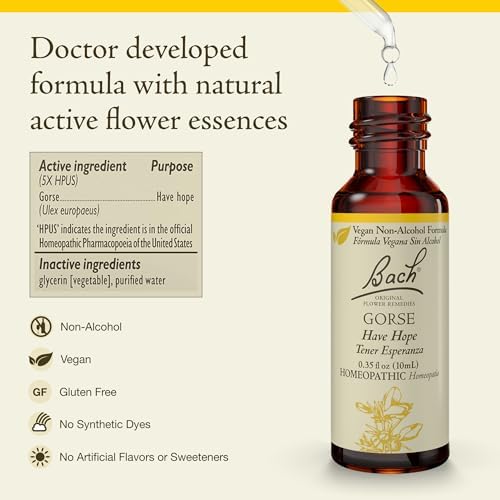 Bach Original Flower Remedies, Gorse (Non-Alcohol Formula) - Have Hope - Natural Homeopathic Flower Essence for Emotional Balance - Vegan, Gluten Free, Sugar Free - 10mL Dropper