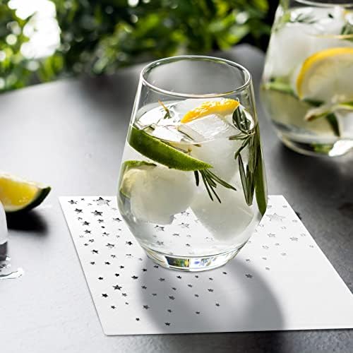 Stylish Silver Cocktail Napkins, 100 3 Ply White and Silver Napkins for Wedding Reception, 5x5 Inch Star Napkins, Paper Cocktail Napkins for Party, Bridal Shower Napkins or Party Napkins