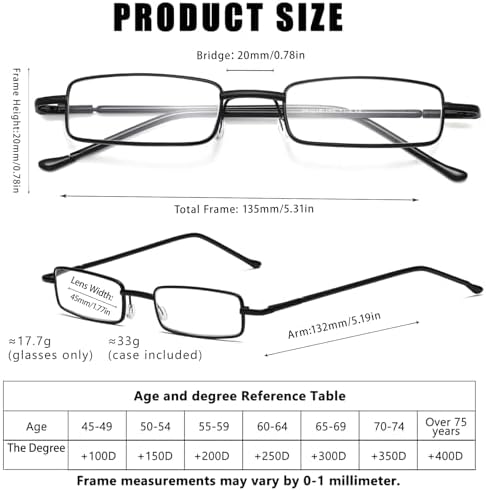 Viseng Slim Mini Metal Reading Glasses Compact Lightweight Portable Readers with Glasses Case for Reading Case,Black+Blue+2.0