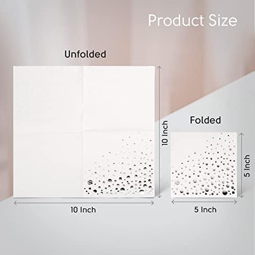 Stylish Silver Cocktail Napkins, 100 3 Ply White and Silver Napkins for Wedding Reception, 5x5 Inch Wedding Cocktail Napkins, Paper Cocktail Napkins for Party, Bridal Shower Napkins or Party Napkins